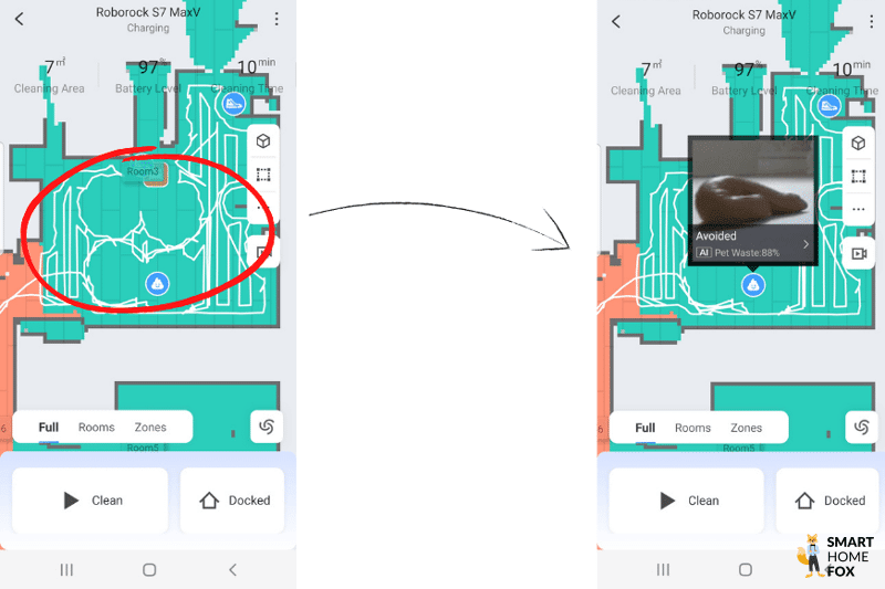 Roborock S7 MaxV распознал собачьи экскременты как препятствие и отметил их на карте квартиры.